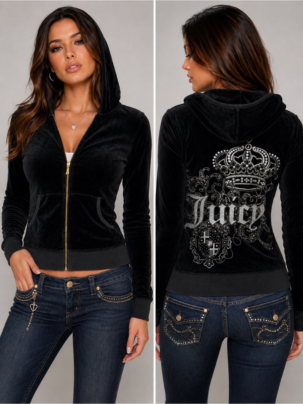 Juicy Couture Y2K Black Velour Zip Hoodie Crown Graphic Track Jacket Womens L